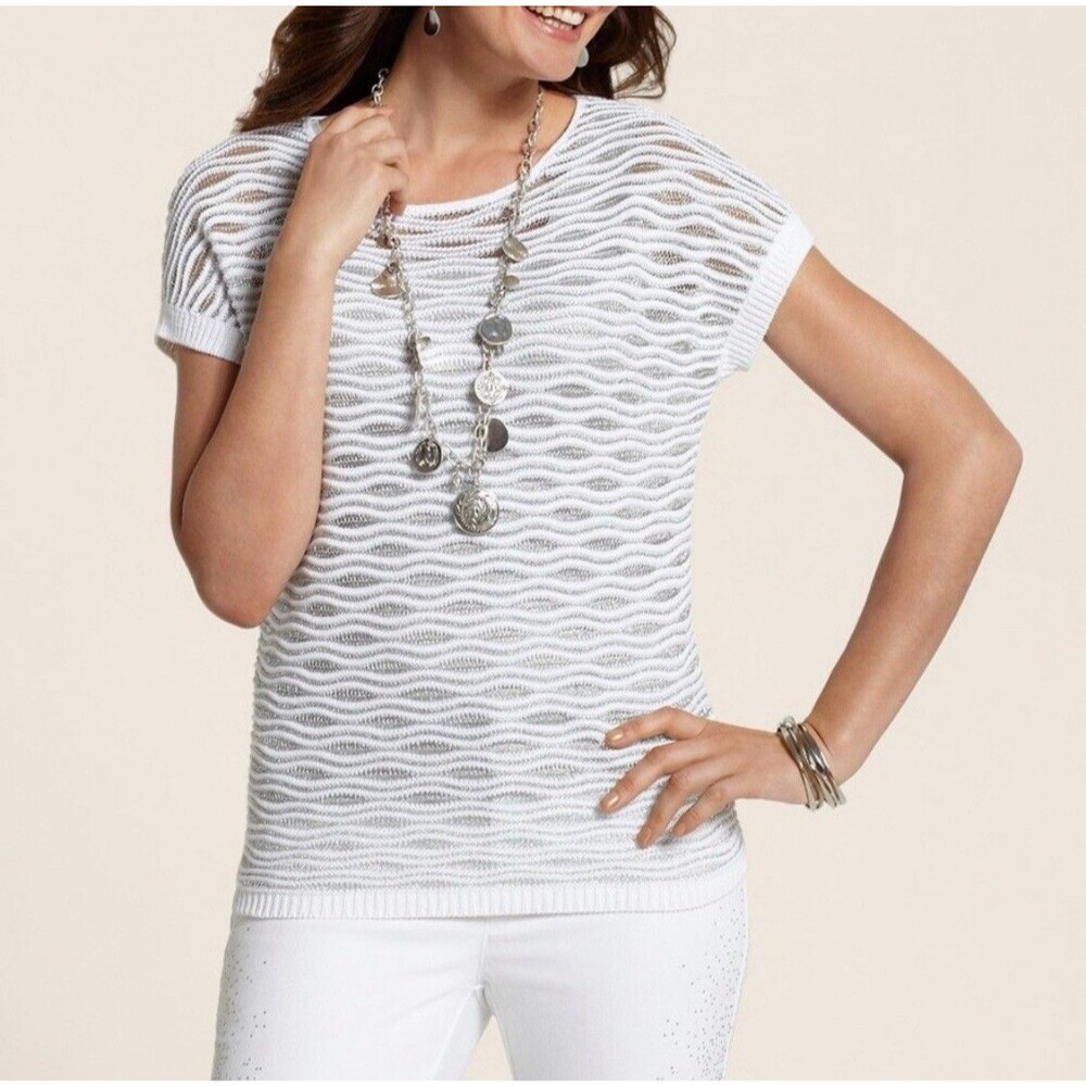 Chicos White Crochet Sheer Sweater Top L Metallic Silver Short Sleeve Casual